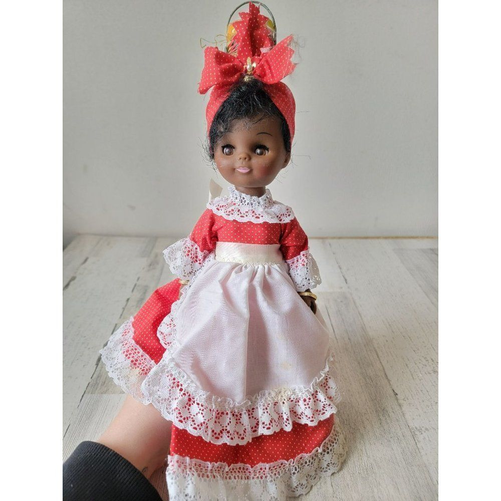 Knicker‎ bocker polka dot red dress doll girl fruit head balance figure